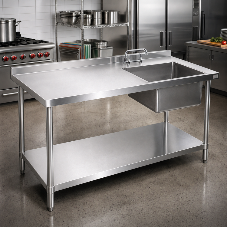 Product image #2 for 72-Inch Stainless Steel Work Table With Right-Side Prep Sink, Marine Edge, Backsplash & Undershelf