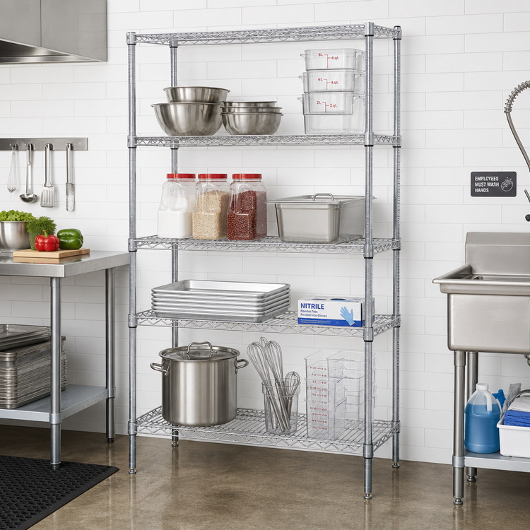 Product image #2 for Quantum 60"W x 18"D x 63"H Stationary Wire Shelving Starter Kit, Chrome Plated, 5 Shelves