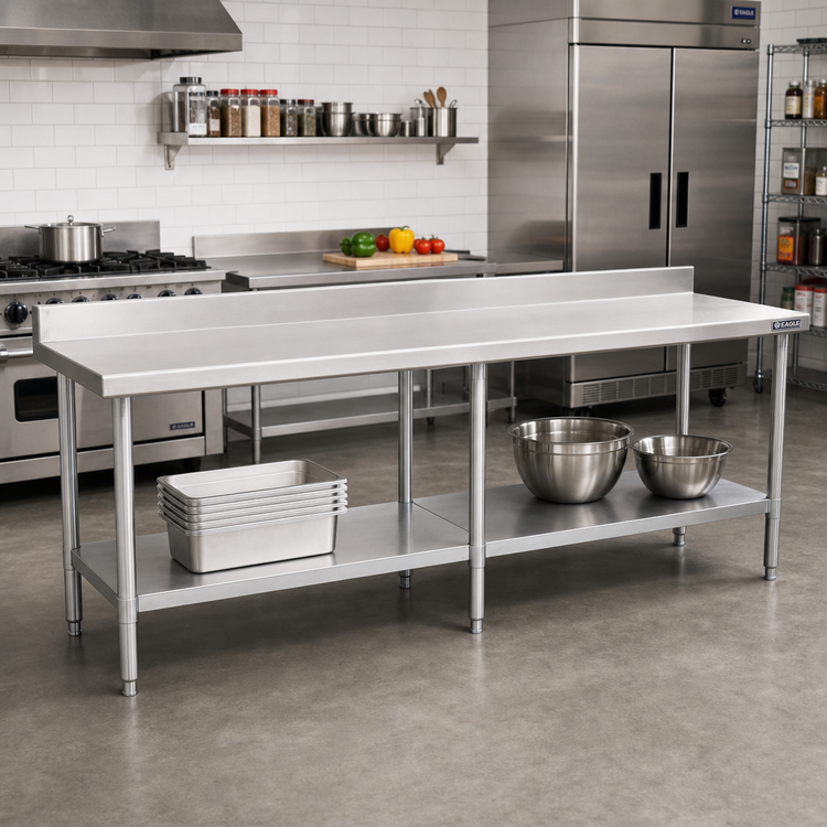 Product image #2 for Eagle Group Budget Series 120-Inch W x 24-Inch D Stainless Steel Work Table with 4.5-Inch Backsplash and Adjustable Undershelf