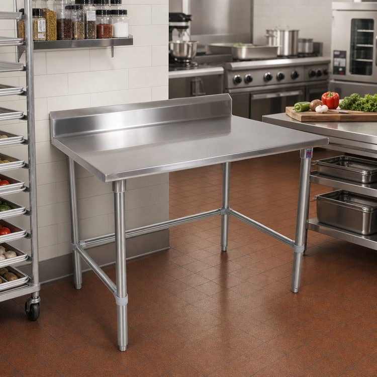 Product image #2 for John Boos Stallion 30 Inch x 24 Inch Stainless Steel Corner Work Table with 5 Inch Backsplash and Safety Edge