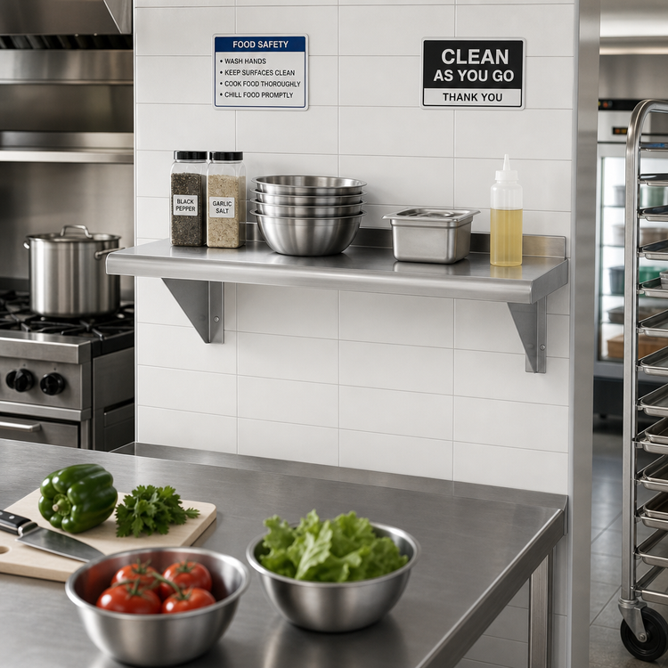 Product image #2 for Advance Tabco 36 Inch x 15 Inch Wall-Mounted Stainless Steel Shelf, 18 Gauge 430 Stainless Steel, Satin Finish