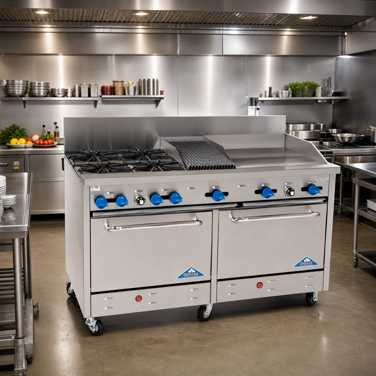 Product image #2 for 60-Inch Stainless Steel Commercial Gas Range with 4 Open Burners, 24-Inch Griddle, 12-Inch Char-Broiler, and 2 Ovens