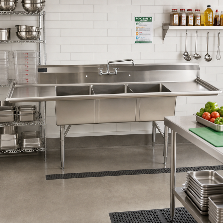 Product image #2 for Klinger's Trading Economy Three-Compartment Stainless Steel Sink with Dual Drainboards, 84-Inch Wide
