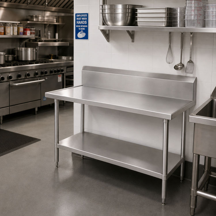 Product image #2 for Advance Tabco VKG-240 30 x 24 Inch 14 Gauge 304 Stainless Steel Corner Work Table with 10 Inch Backsplash and Adjustable Undershelf