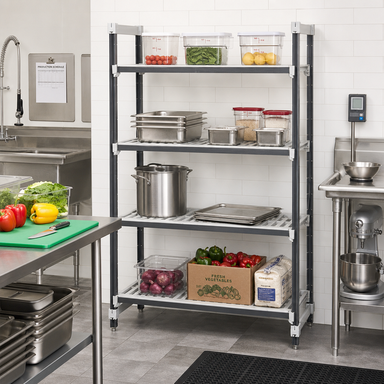 Product image #2 for Cambro Camshelving Elements XTRA Stationary Starter Polymer Shelving Unit, 18" x 54" x 84", 4-Tier Vented, Speckled Gray