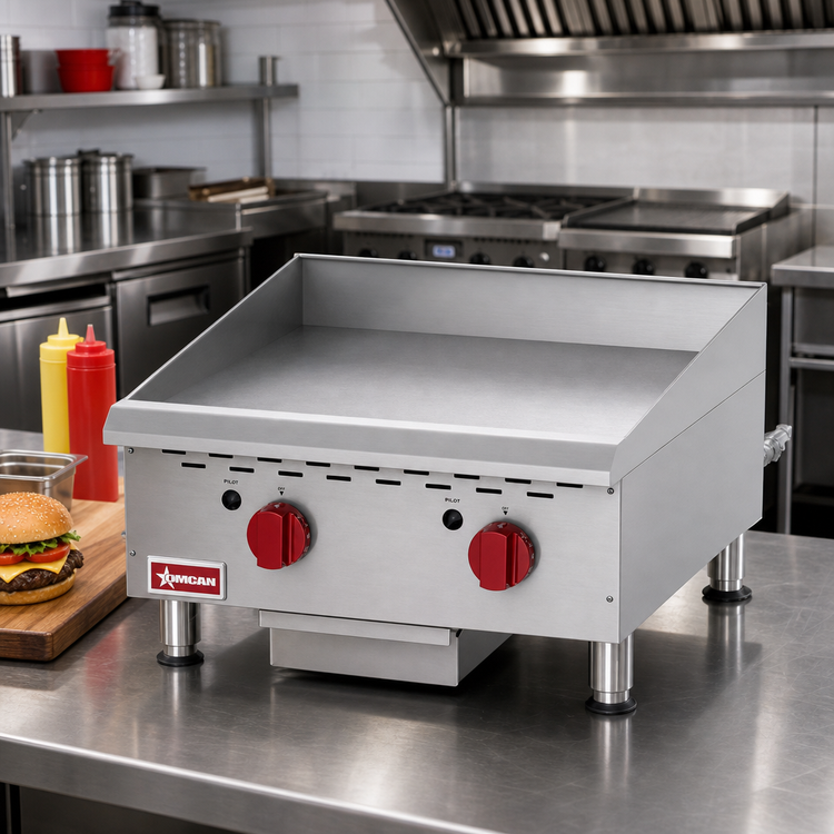 Product image #2 for Omcan Countertop Stainless Steel Natural Gas Griddle with Thermostatic Control, 24 x 20-Inch Cooking Area, 60,000 BTU