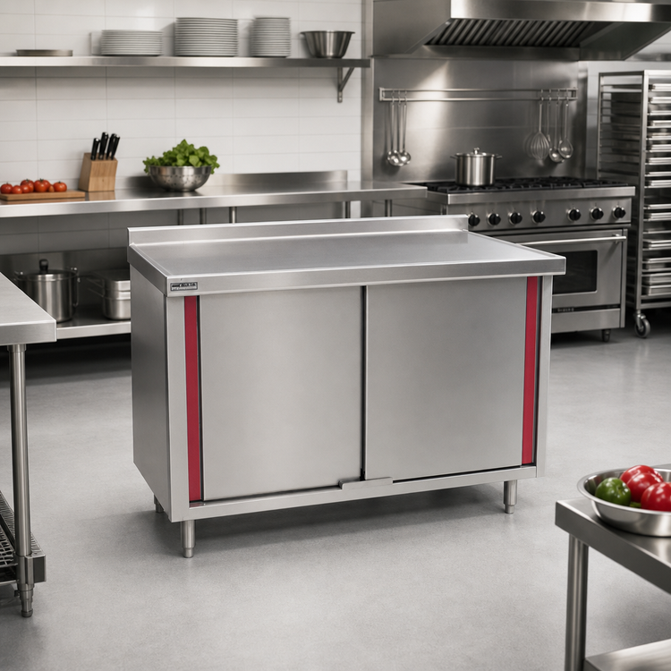Product image #2 for Eagle Spec-Master Marine Series Enclosed Work Table with Cabinet Base and Sliding Doors, 60" x 30", 14-Gauge 304 Stainless Steel Top