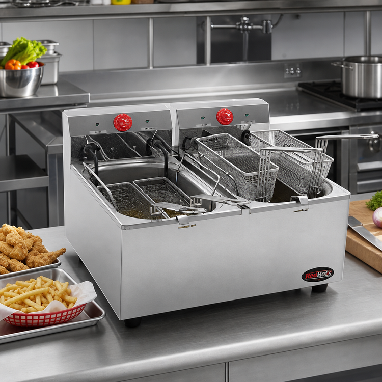 Product image #2 for RedHots Countertop Double-Tank Electric Fryer with Dual 15-Lb. Fry Pots, 208/240V