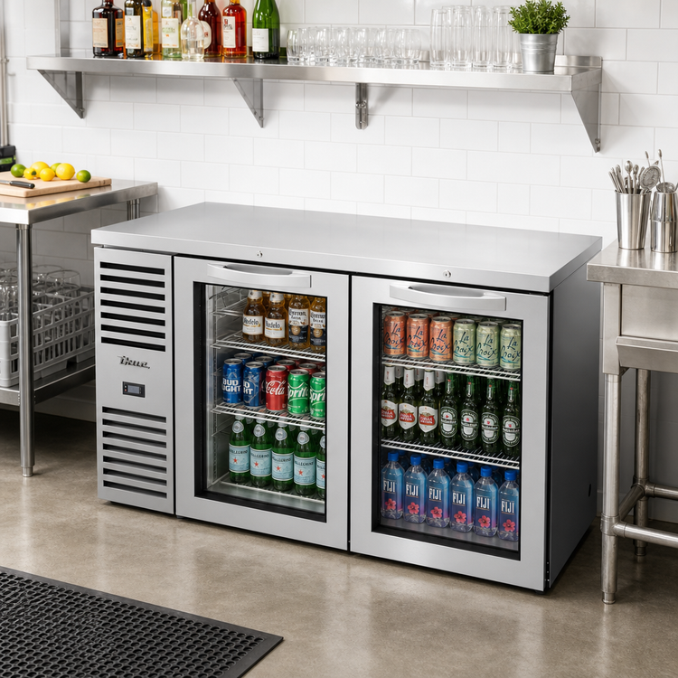 Product image #2 for 60-Inch Two-Section Refrigerated Back Bar Cooler with Glass Doors and Side-Mounted Self-Contained Refrigeration