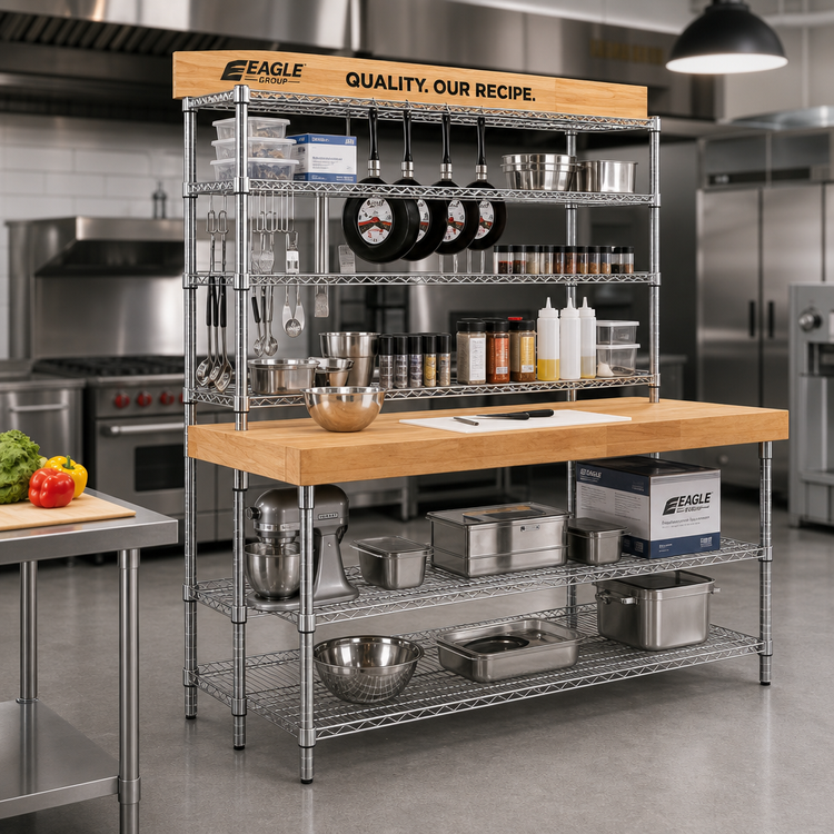 Product image #2 for Eagle Retail Display Workstation with Birch Wood Tops, 4 Chrome Wire Overshelves, and 2 Chrome Undershelves