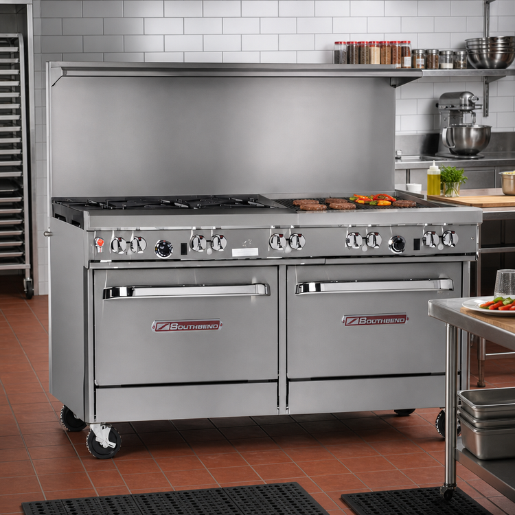 Product image #2 for Southbend Ultimate 60-Inch Gas Restaurant Range with 4 Open Burners, 36-Inch Charbroiler, Convection Oven and Cabinet Base