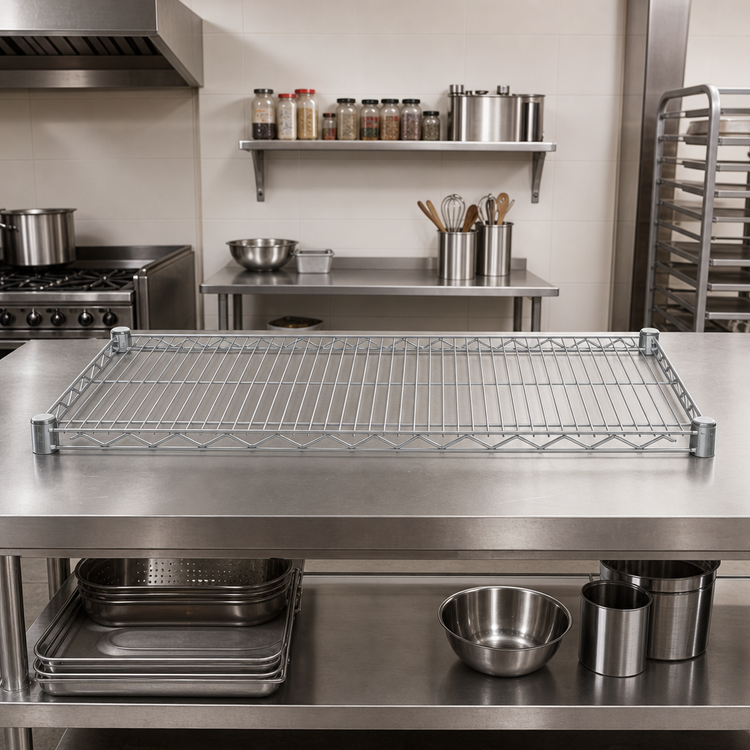 Product image #2 for Serv-Ware 30 x 72 Inch Silver Epoxy Wire Shelf with 4 Shelf Clips