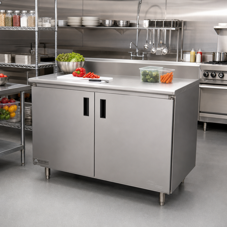 Product image #2 for Advance Tabco 144-Inch x 24-Inch Enclosed Work Table with Hinged Door Cabinet Base, 14-Gauge 304 Stainless Steel Top and 5-Inch Backsplash