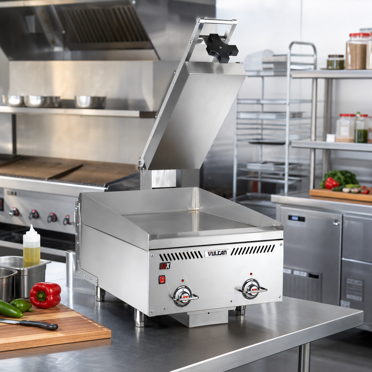 Product image #3 for Vulcan VMCS-201 Heavy Duty 208V Electric Grooved Steel Manual Clamshell Griddle Top