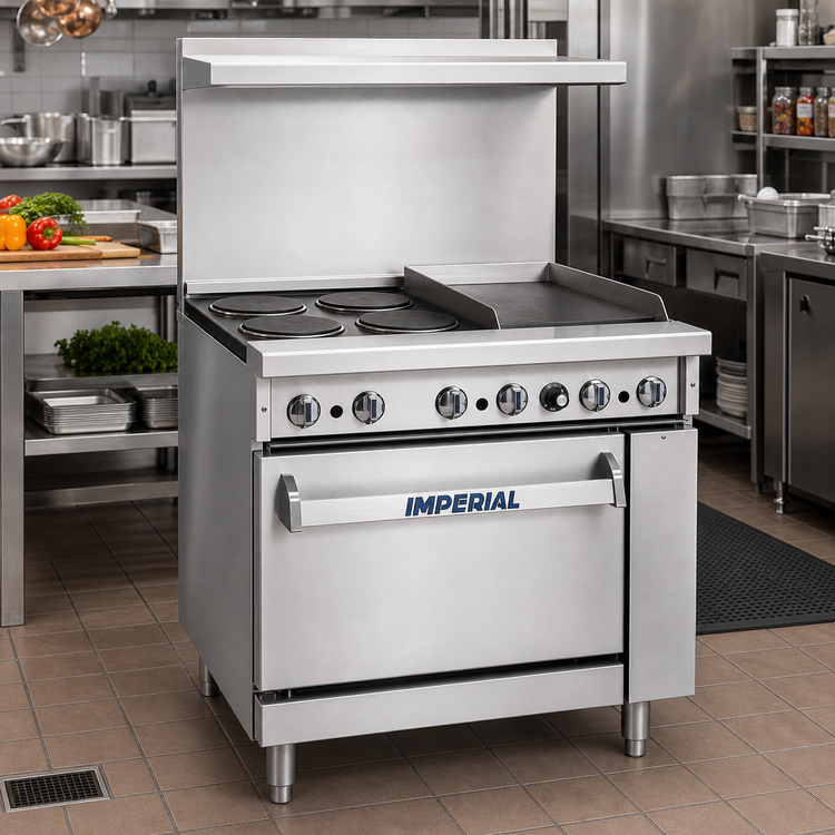 Product image #2 for Imperial Pro Series 36-Inch Electric Restaurant Range with 4 Round Elements, 12-Inch Thermostatic Griddle, and Convection Oven