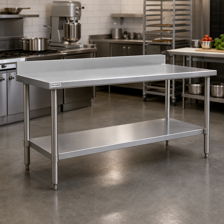 Product image #2 for Spec-Master Marine Series 48 x 30 Inch Stainless Steel Work Table with 4-1/2 Inch Backsplash and Adjustable Undershelf