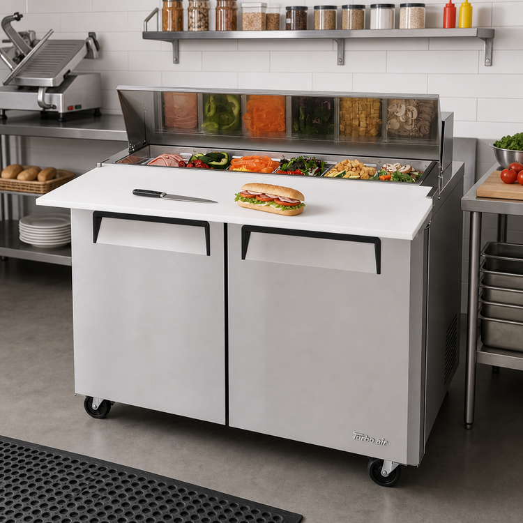Product image #2 for Turbo Air M3 Series Two-Section Sandwich/Salad Prep Table Refrigerator, 12-Pan, 17-Inch Cutting Board, Rear-Mount Self-Contained, 48 1/4-Inch Wide