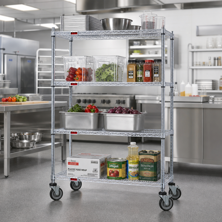 Product image #2 for EAGLEbrite 4-Tier Wire Dolly Truck with 48"W x 21"D Shelves, Zinc Finish, 5" Poly Swivel/Brake Casters