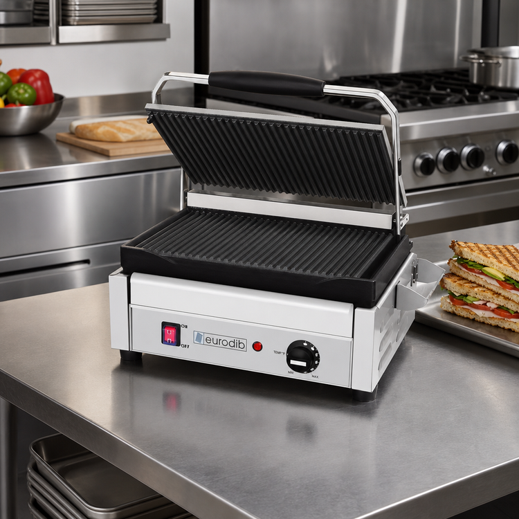 Product image #2 for Commercial Countertop Single Panini Press with Ribbed Top & Bottom Cast Iron Plates, 14 x 10 in., 240V