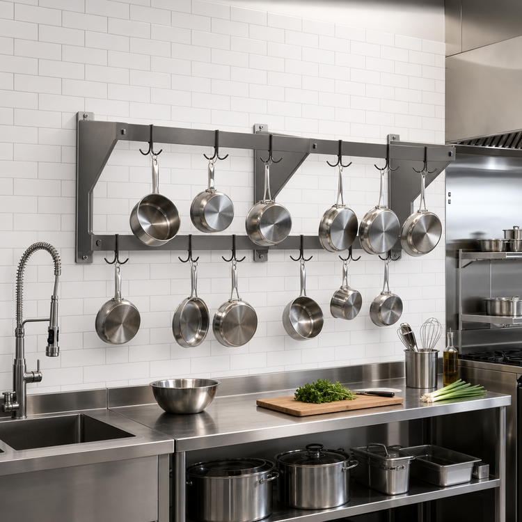 Product image #2 for 84-Inch Wall-Mounted Stainless Steel Double-Bar Pot Rack with 14 Double-Pronged Hooks