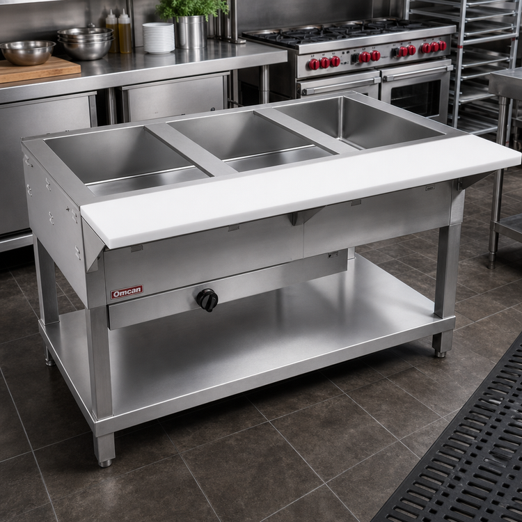 Product image #2 for 4-Well Gas Open Well Steam Table with Undershelf and 8-Inch Serving Board