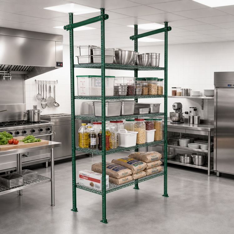 Product image #2 for Quantum 24-Inch Overhead Track Shelving Intermediate Kit with 86-Inch Posts, Green Epoxy Antimicrobial Finish