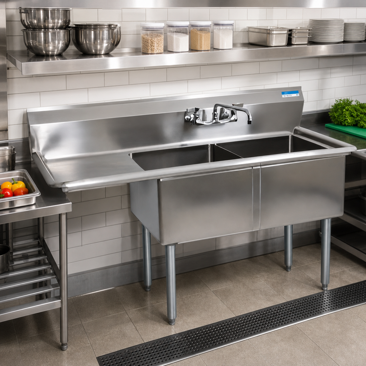 Product image #2 for BK Resources Two-Compartment Stainless Steel Sink with Left Drainboard, 52-1/2 x 25-13/16 Inches