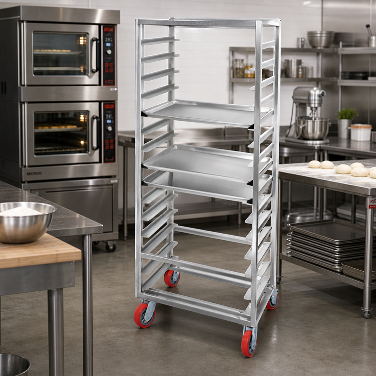 Product image #2 for Lifetime Tough Extra Heavy-Duty Aluminum Side-Load Bun Pan Rack on Casters, 10-Pan Capacity, 29 x 18 x 70 Inches