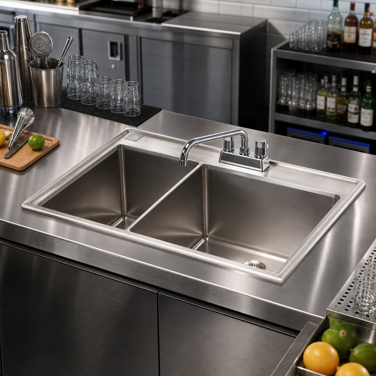 Product image #2 for Drop-In Two-Compartment Stainless Steel Bar Sink with Faucet and Basket Drain