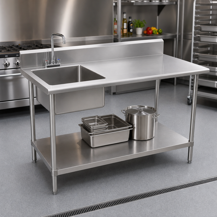Product image #2 for Sapphire Manufacturing 72-Inch Stainless Steel Sink Table with Left-Side Prep Sink, 5-Inch Backsplash, and Adjustable Undershelf