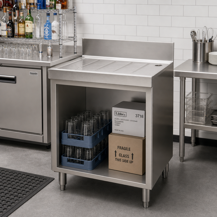 Product image #2 for Advance Tabco Underbar Basics Stainless Steel Open Cabinet Base Drainboard with 4-Inch Backsplash, 36 x 21 x 33 Inches