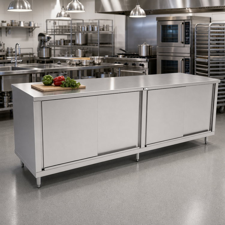 Product image #2 for John Boos Enclosed Stainless Steel Work Table with Sliding Doors, 108 x 36 Inches, 14-Gauge 300-Series Top