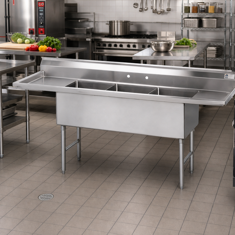 Product image #2 for 3-Compartment Fabricated Sink with Left and Right Drainboards, 14-Gauge 304 Stainless Steel, 24 x 30 x 14-Inch Bowls