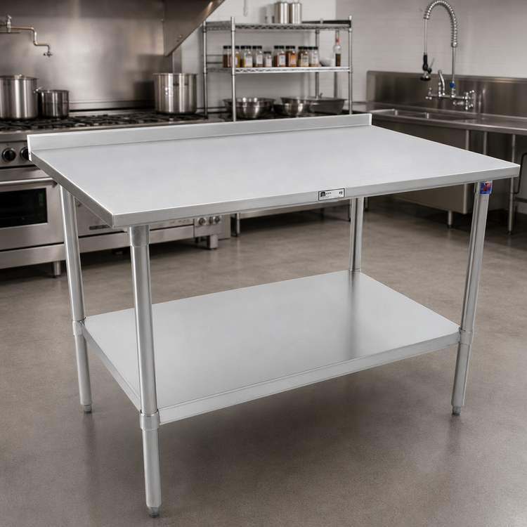 Product image #2 for John Boos Stallion 120" x 36" 16-Gauge 300 Series Stainless Steel Work Table with 1-1/2" Rear Up-Turn