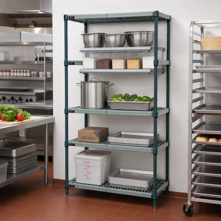 Product image #2 for Quantum 5-Tier Stationary Wire Plastic Mat Shelving Unit, 30 x 14 x 74 Inches, Green Epoxy Coated