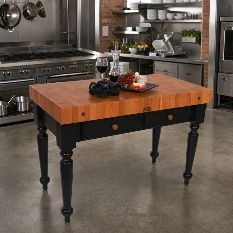 Product image #2 for John Boos Rouge et Noir Le Rustica 48-Inch x 24-Inch American Cherry End Grain Work Table, No Shelf, 2 Drawers