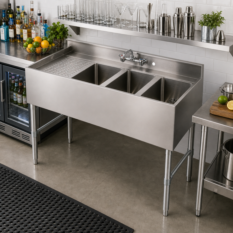 Product image #2 for Sapphire Manufacturing 48-Inch Three-Compartment Left Drainboard Underbar Bar Sink with Faucet and Overflow Kit