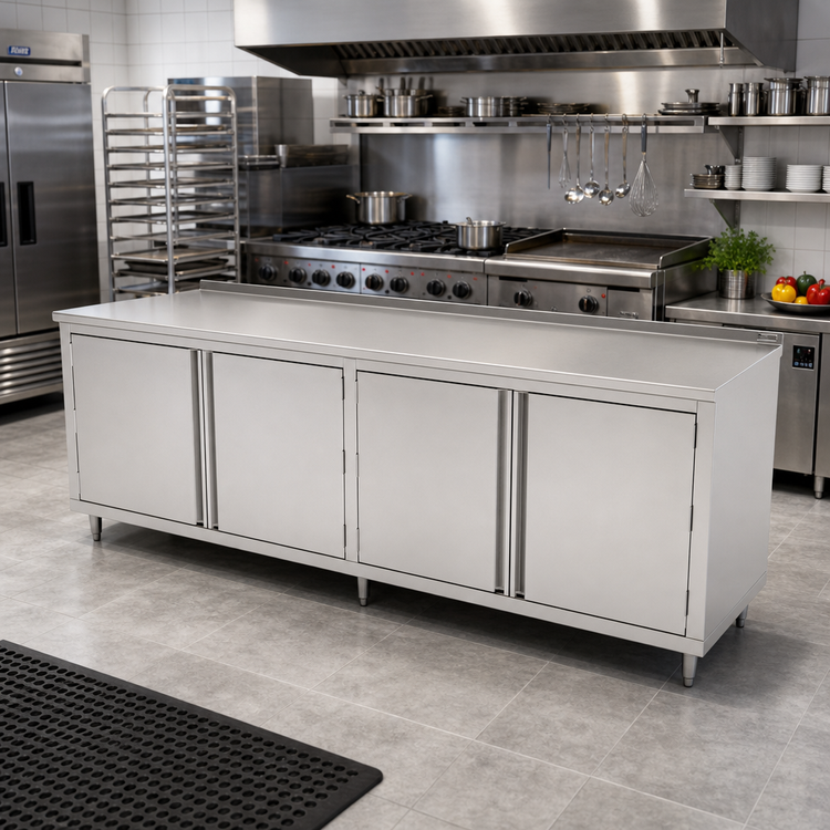 Product image #2 for John Boos Enclosed Cabinet Base Work Table with 3 Hinged Door Sets, 132 x 30 Inches, 16-Gauge Stainless Steel Top