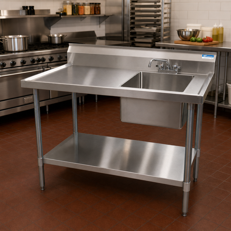 Product image #2 for BK Resources 72-Inch Right-Side Prep Sink Work Table with 18/304 Stainless Steel Top, 6-Inch Backsplash