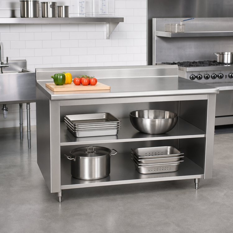 Product image #2 for Advance Tabco 84" x 36" Open Front Cabinet Base Work Table with Mid-Shelf, 14 Gauge 304 Stainless Steel Top, 5" Backsplash