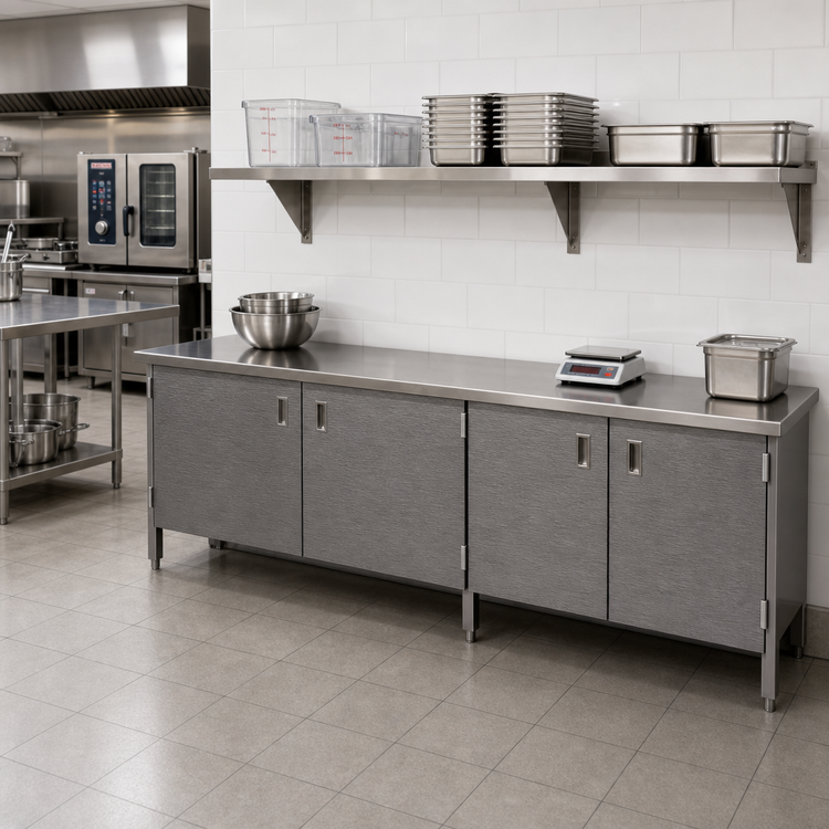 Product image #2 for 120-Inch x 24-Inch 16-Gauge Stainless Steel Enclosed Base Work Table with Hinged Doors