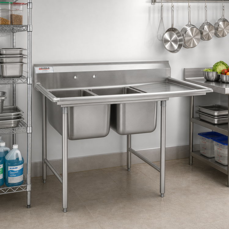 Product image #2 for Eagle Group 414 Series Two-Compartment Stainless Steel Sink with Right-Hand Drainboard, 60-3/4 Inch Wide