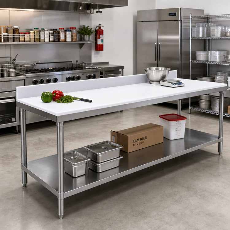 Product image #2 for 108 Inch x 30 Inch Poly Top Work Table with 6 Inch Backsplash and Adjustable Undershelf