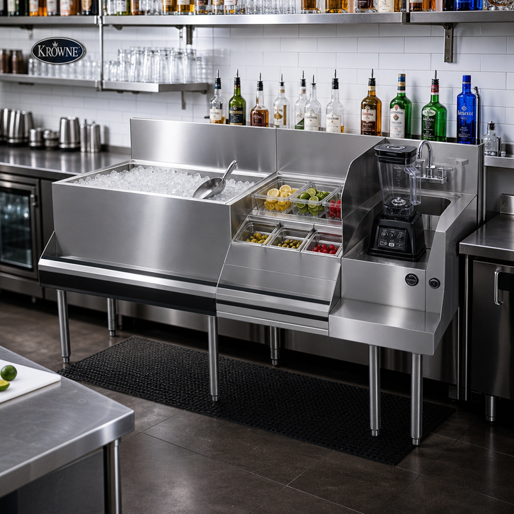 Product image #3 for Krowne Royal Series Underbar Ice Bin/Cocktail Station with 10-Circuit Cold Plate, Blender Station and Raised Liquor Display, 66 Inch W x 24 Inch D, 110 lb Ice Capacity