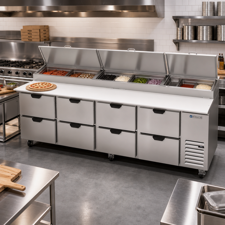 Product image #2 for Beverage-Air 119-Inch Four-Section Pizza Prep Table with 8 Drawers and Refrigerated Pan Rail