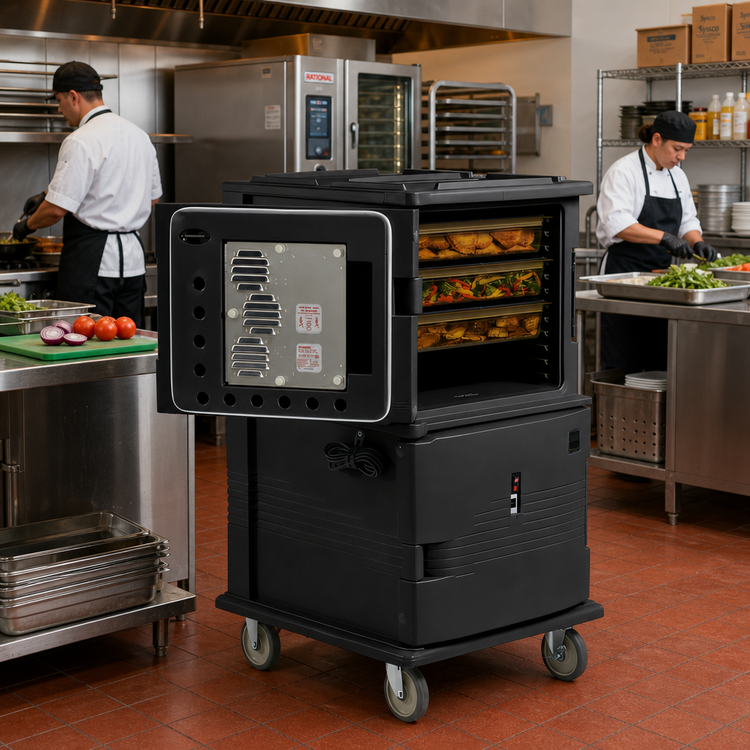 Product image #3 for Cambro Ultra Camcart 2-Compartment Front-Loading Heated Top-Door Food Pan Carrier, Heavy-Duty Casters, 110V, Black