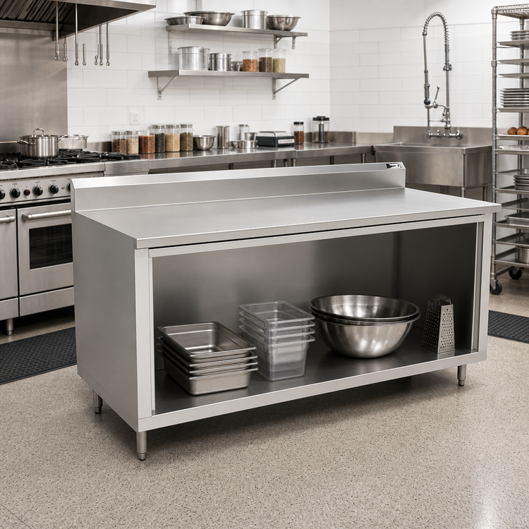 Product image #2 for John Boos Stainless Steel Work Table with Open Front Cabinet Base, 84 x 24 Inches, 5-Inch Backsplash