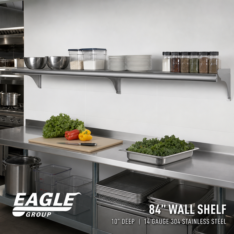 Product image #2 for Eagle Group 84 Inch Wall-Mounted Stainless Steel Shelf, 10 Inch Deep, 14 Gauge 304