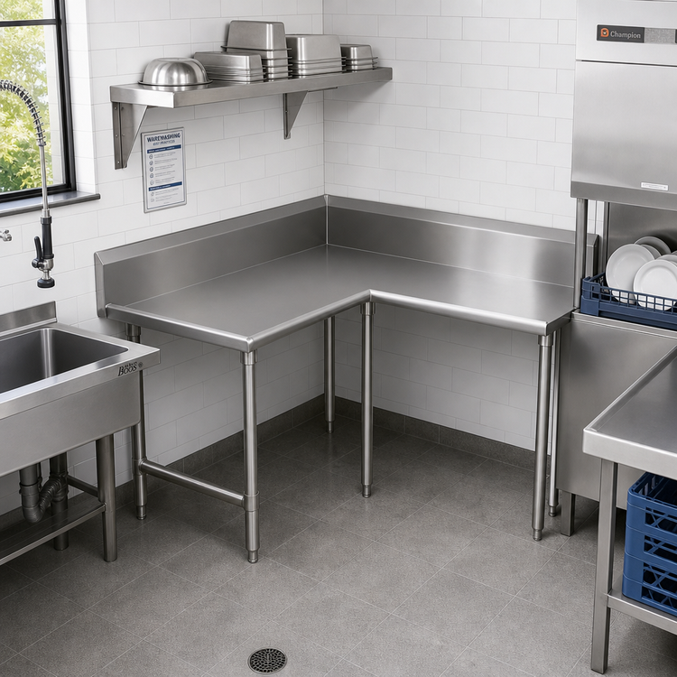 Product image #2 for John Boos Pro-Bowl Corner Clean Dish Table, L-Shaped, 60" Machine-to-Corner x 84" Corner-to-End, Right-to-Left, 16/300 Stainless Steel