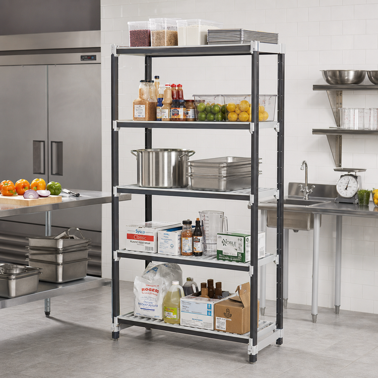 Product image #2 for Cambro Camshelving Elements XTRA 5-Tier Stationary Starter Shelving Unit, 24 x 54 x 84 Inches, Speckled Gray